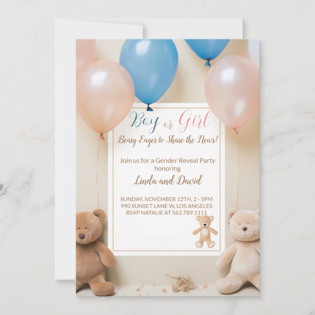 Teddy Bear: Pink or Blue Gender Reveal Invitation (Front)