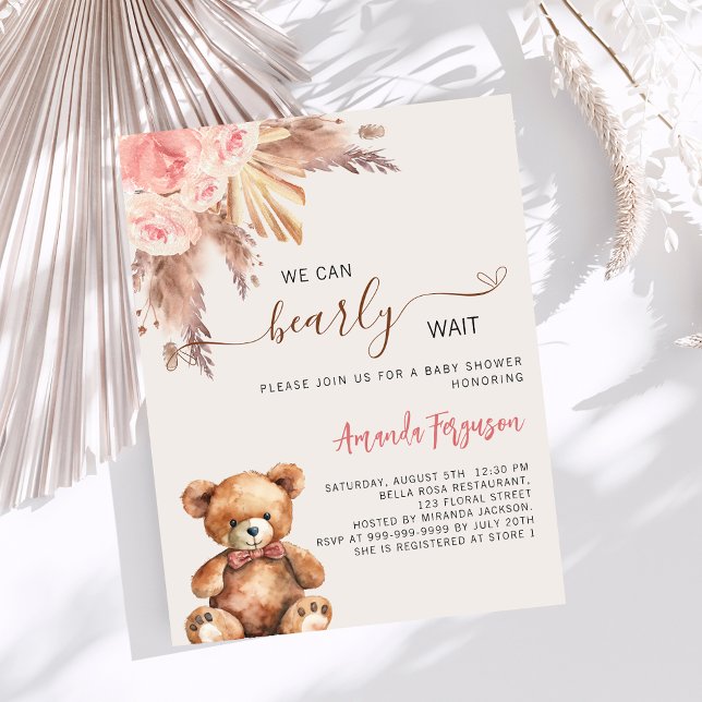 Teddy bear pink pampas grass girl baby shower invitation (Creator Uploaded)