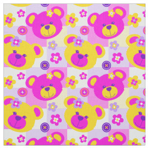 Teddy bear pink purple yellow white button pattern fabric