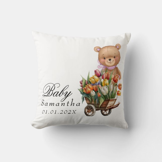 Teddy Bear Pink Rustic Floral Cushion (Front)