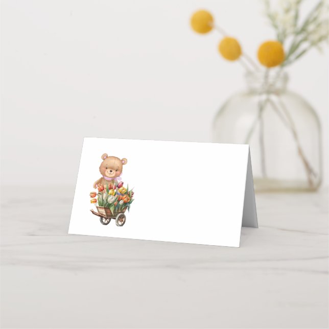 Teddy Bear  Pink Rustic Floral Party Table Card (Front)