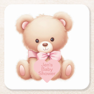 Teddy Bear Pink Square Paper Coaster