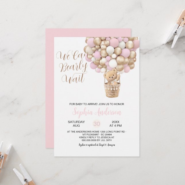 Teddy Bear Pink Tan Balloons Girl Baby Shower Invitation (Front/Back In Situ)