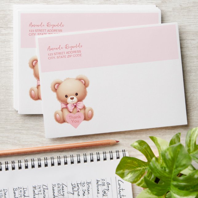Teddy Bear Pink Thank You Return Address Envelope (Stacked)