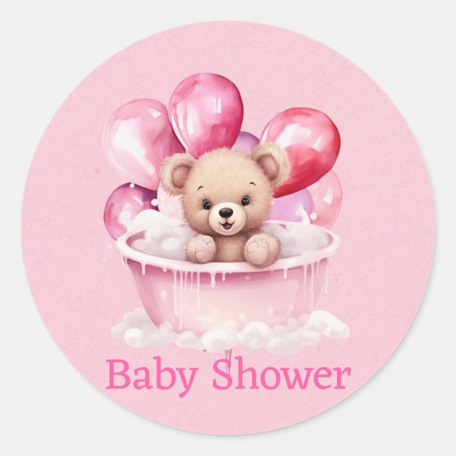 Teddy Bear Pink Tub & Balloon Girl Baby Shower Classic Round Sticker (Front)