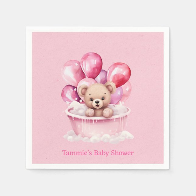 Teddy Bear Pink Tub & Balloon Girl Baby Shower Napkin (Front)