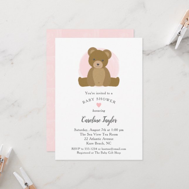 Teddy Bear Pink Watercolor Baby Girl Shower Invitation (Front/Back In Situ)