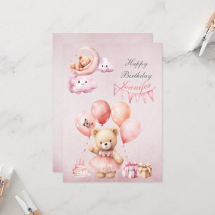 Teddy Bear Pink Watercolor Girls Birthday Invitation
