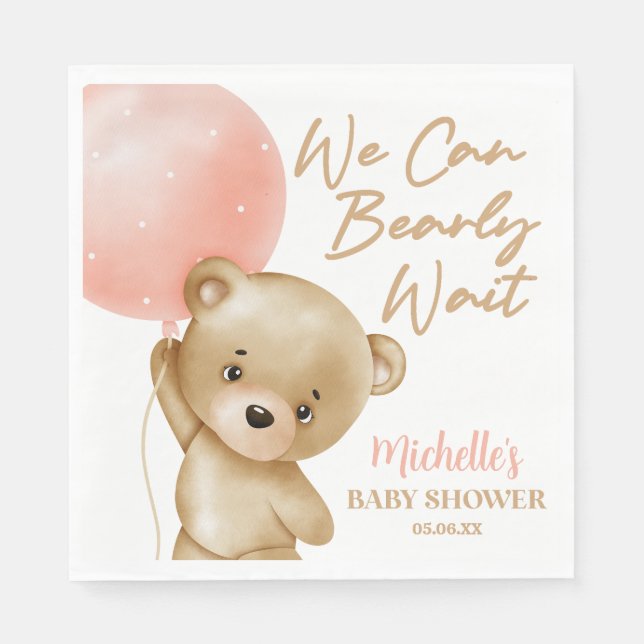 Teddy Bear Pink We Can Bearly Wait Baby Shower Napkin (Front)