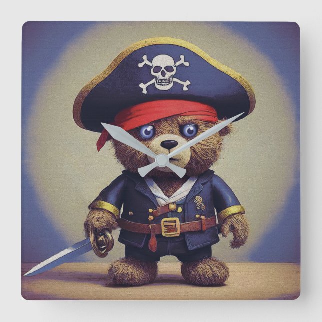 Teddy Bear Pirate Square Wall Clock (Front)