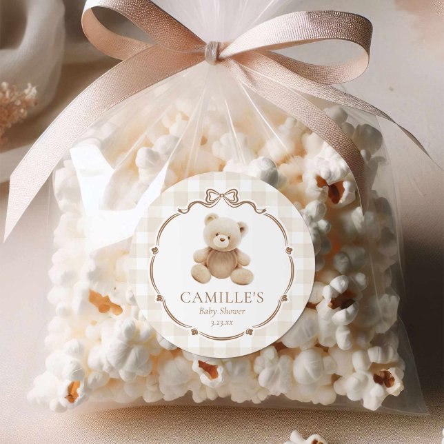 Teddy Bear Plaid Boy Baby Shower Classic Round Sticker (Teddy Bear Baby Shower Round sticker)