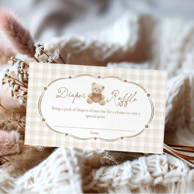 Teddy Bear Plaid Diaper Raffle Card (Brown Teddy Bear Gingham Boy Baby shower Diaper Raffle Ticket)