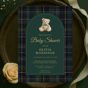 Teddy Bear Plaid Green Blue Tartan Baby Shower Invitation