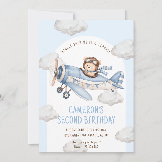 Teddy Bear Plane Second Birthday Invitation (Front)