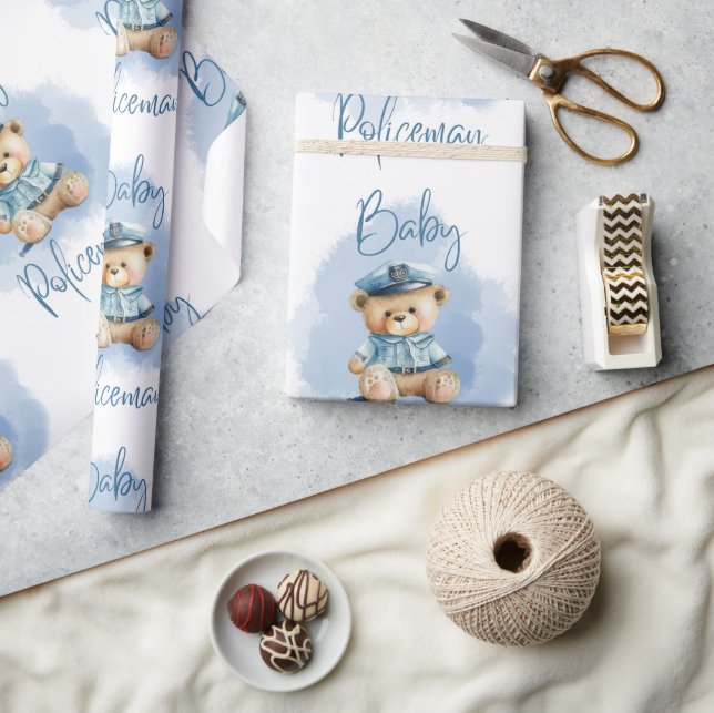 Teddy Bear Policeman Boy Blue Baby Shower Wrapping Paper (Crafts)