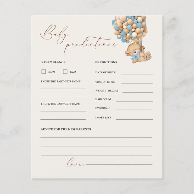 Teddy Bear Predictions and Advice Baby Shower Game (Front)