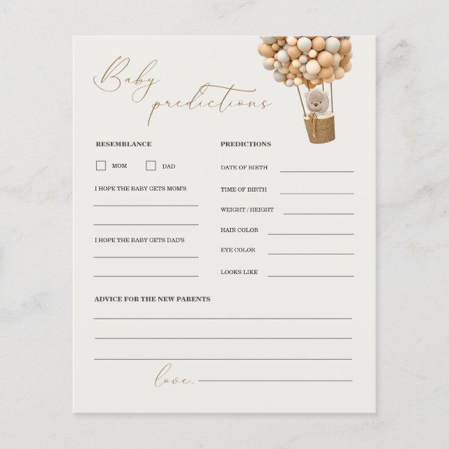 Teddy Bear Predictions and Advice Baby Shower Game (Front)
