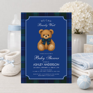 Teddy Bear Preppy Blue Plaid Boy Baby Shower  Invitation