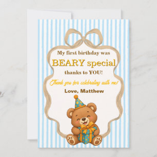 Teddy Bear Prince 1st Birthday Thank You Card Boy