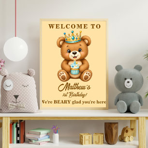 Teddy Bear Prince 1st Birthday Welcome Sign Boy
