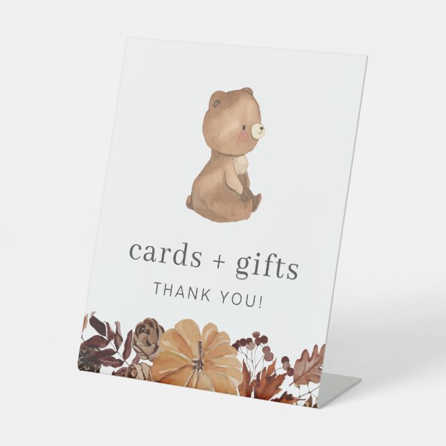 Teddy Bear Pumpkin - 1st Birthday - Cards + Gifts Pedestal Sign (Front)