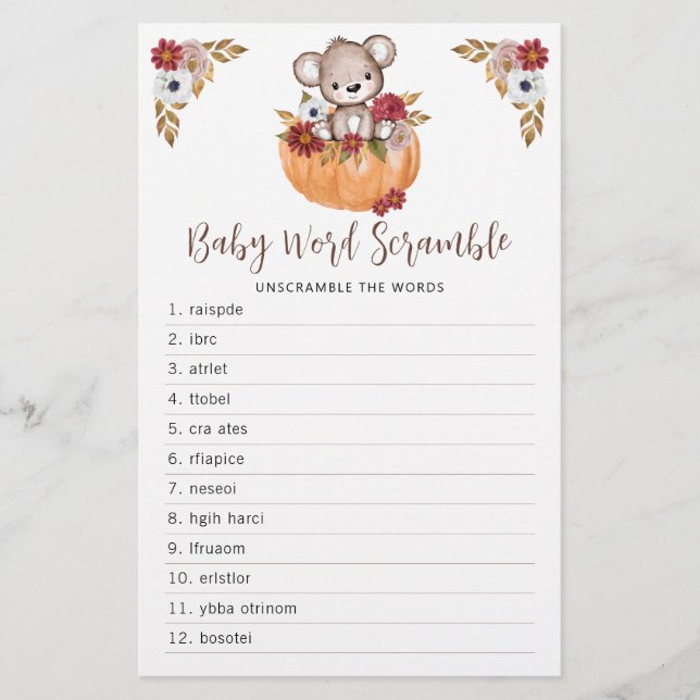 Teddy Bear Pumpkin Fall Baby Shower Word Game (Front)