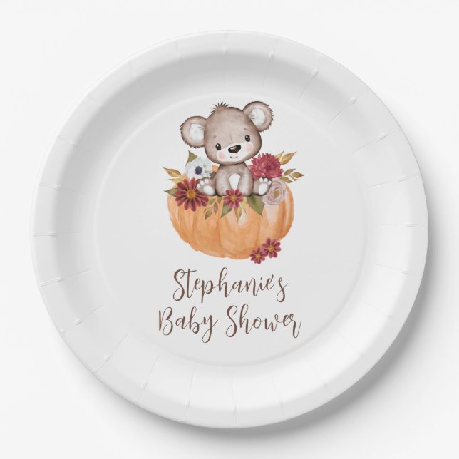 Teddy Bear Pumpkin Fall Floral Baby Shower Paper Plate (Front)