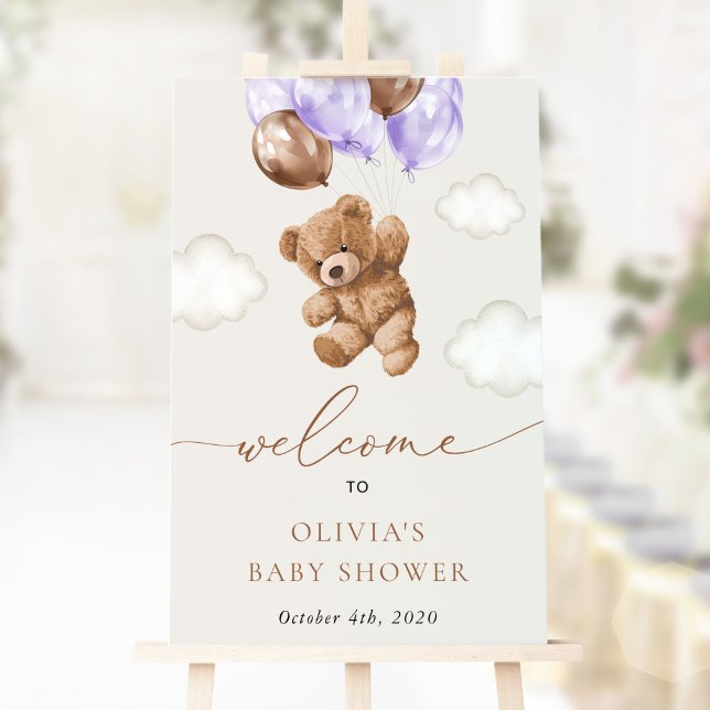 Teddy Bear, Purple Balloons, Baby Shower Welcome Poster (Creator Uploaded)