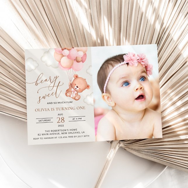 Teddy Bear, Purple Balloons, First Birthday Invitation (Creator Uploaded)