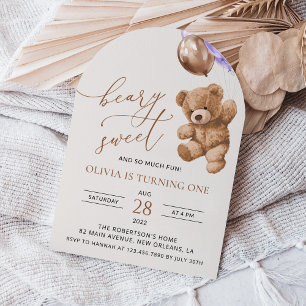 Teddy Bear, Purple Balloons, First Birthday Invitation