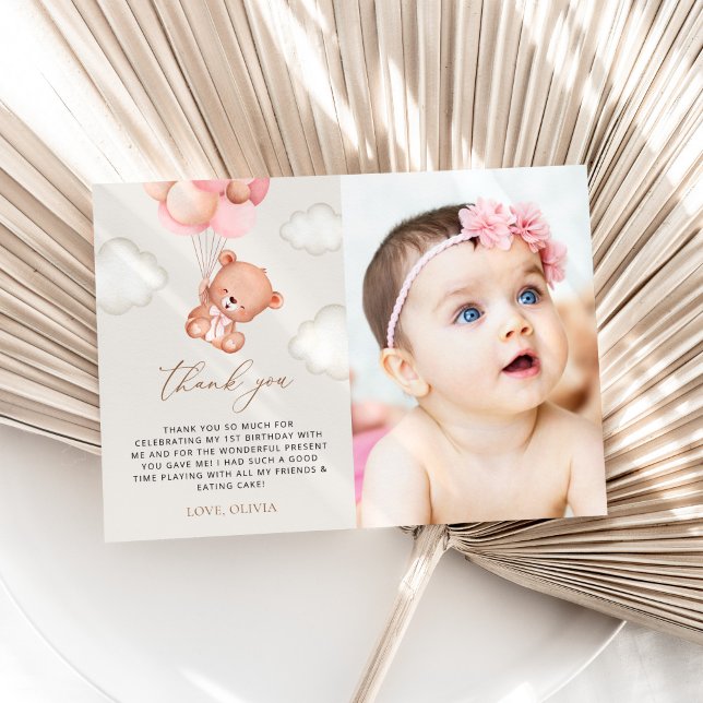 Teddy Bear, Purple Balloons, First Birthday Thank You Card (Creator Uploaded)