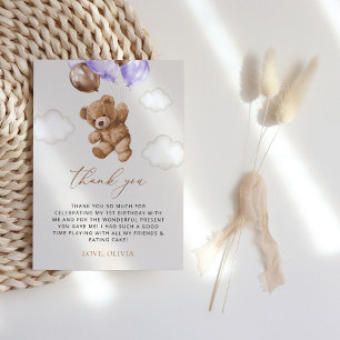 Teddy Bear, Purple Balloons, First Birthday Thank You Card