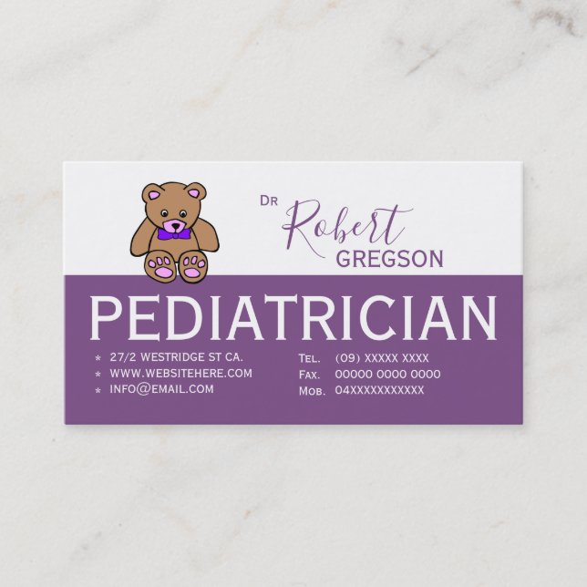 Teddy Bear Purple  Paediatrician Appointment Card (Front)