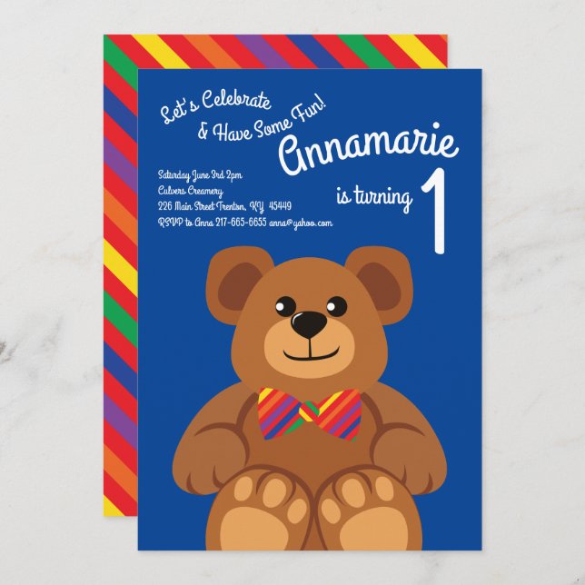 Teddy Bear Rainbow 1st Birthday Cute Invitations (Front/Back)