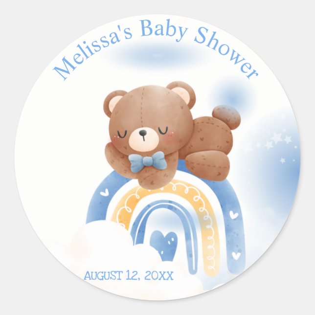 Teddy Bear Rainbow Boys Baby Shower Classic Round Sticker (Front)