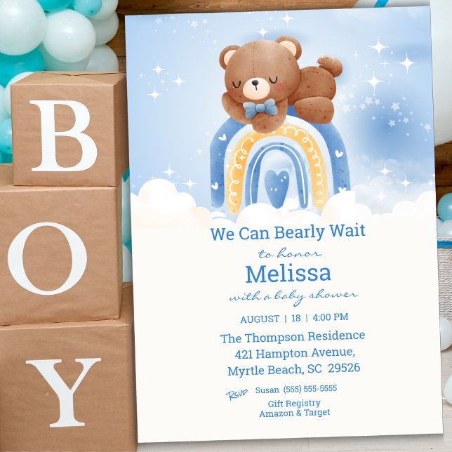 Teddy Bear Rainbow Boys Baby Shower Invitation (Creator Uploaded)