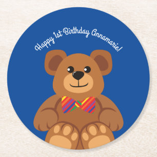 Teddy Bear Rainbow Cute 1st Birthday Party Round Paper Coaster
