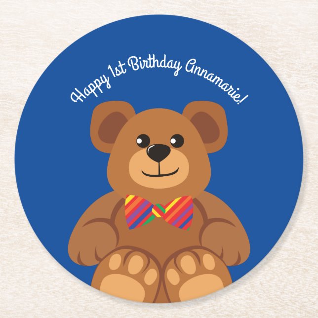 Teddy Bear Rainbow Cute 1st Birthday Party Round Paper Coaster (Front)