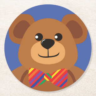 Teddy Bear Rainbow Cute 1st Birthday Party Round Paper Coaster