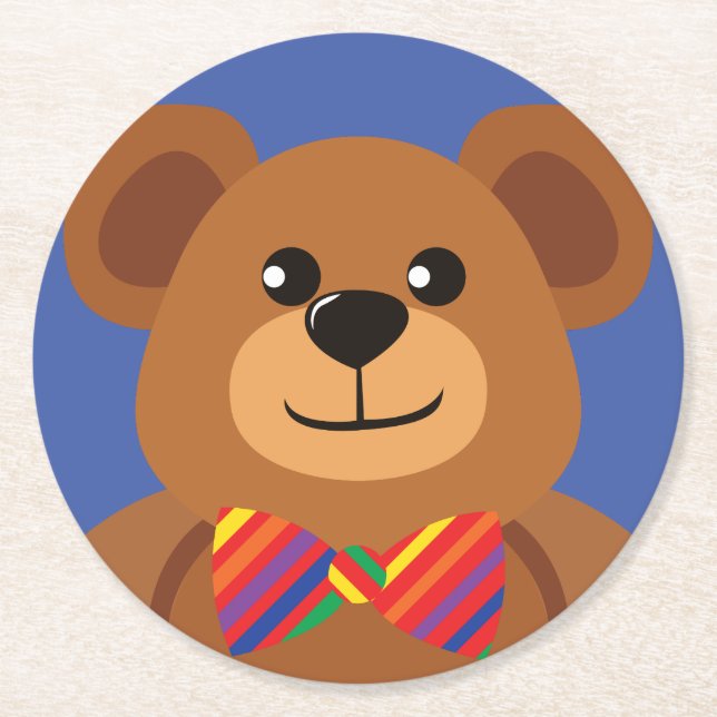 Teddy Bear Rainbow Cute 1st Birthday Party Round Paper Coaster (Front)