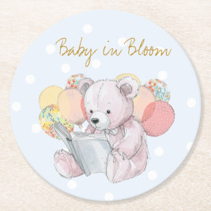 Teddy Bear reading a book Baby in Bloom Round Paper Coaster