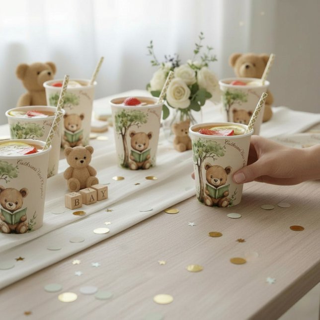 Teddy Bear Reading Book Watercolor Baby Shower  Paper Cups (Creator Uploaded)