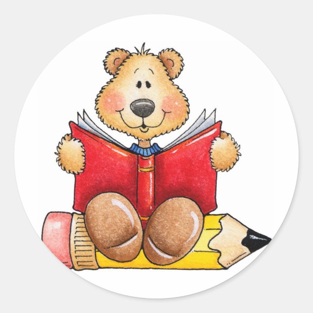 Teddy Bear Reading Classic Round Sticker (Front)