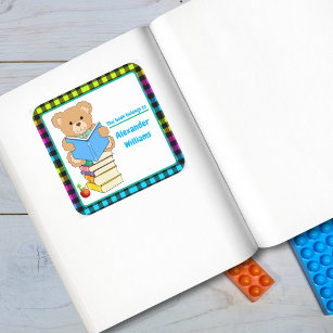 Teddy Bear Reading His Books Personalised  Square Sticker