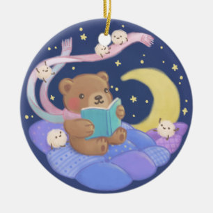 Teddy Bear Reading w/ Fluffy Monsters Illustration Ceramic Tree Decoration