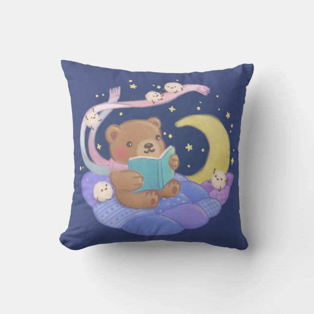 Teddy Bear Reading w/ Fluffy Monsters Illustration Cushion (Front)