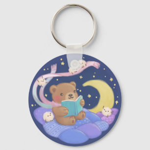 Teddy Bear Reading w/ Fluffy Monsters Illustration Key Ring