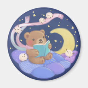 Teddy Bear Reading w/ Fluffy Monsters Illustration Magnet