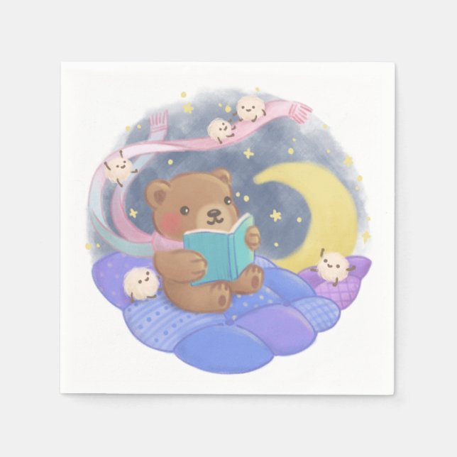 Teddy Bear Reading w/ Fluffy Monsters Illustration Napkin (Front)