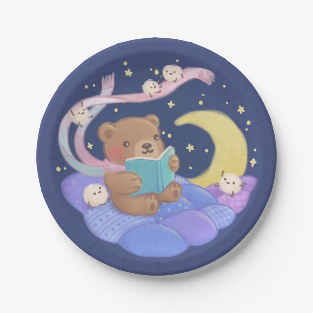 Teddy Bear Reading w/ Fluffy Monsters Illustration Paper Plate (Front)